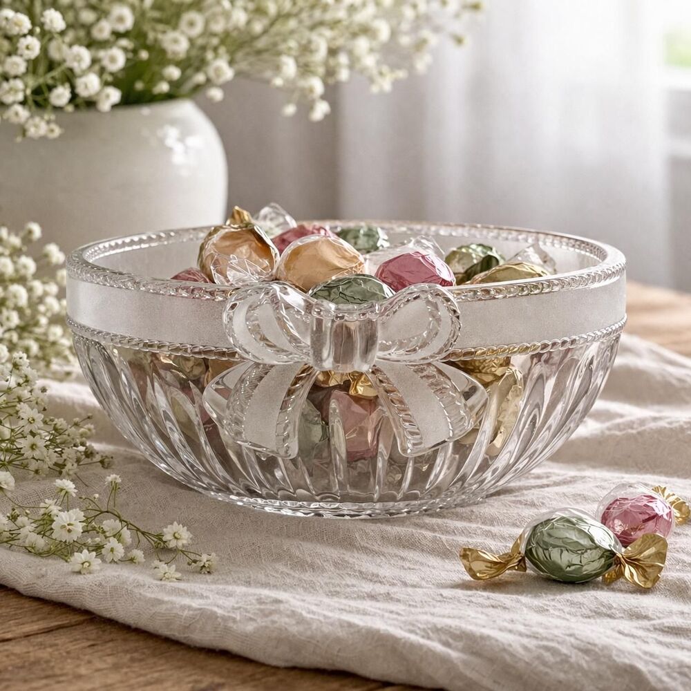 Vintage Frosted Glass Bowl Ribbon Bow Design Cottagecore Decor Candy Dish